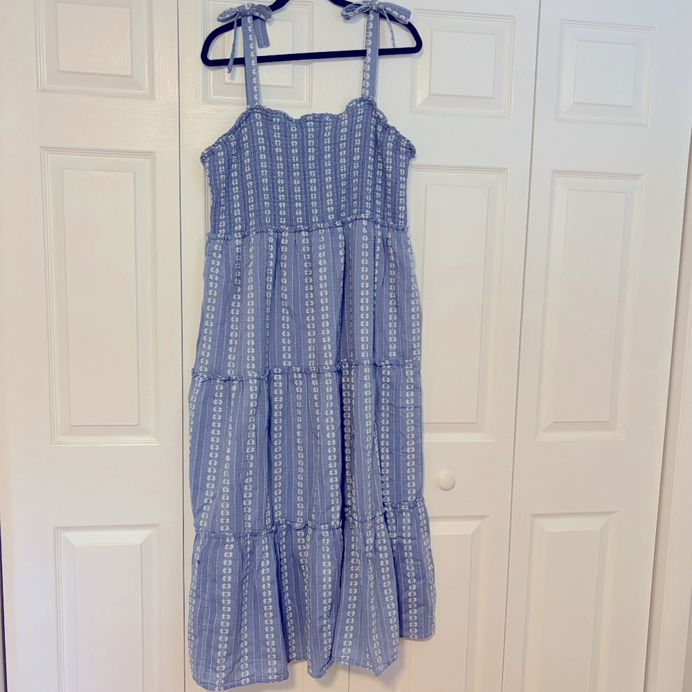 Draper James Blue & White Tiered Maxi Dress with Tie Straps